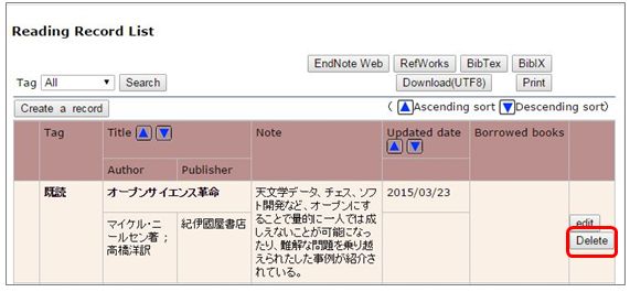 the Deleting an Entry Screen of the Reading Record List